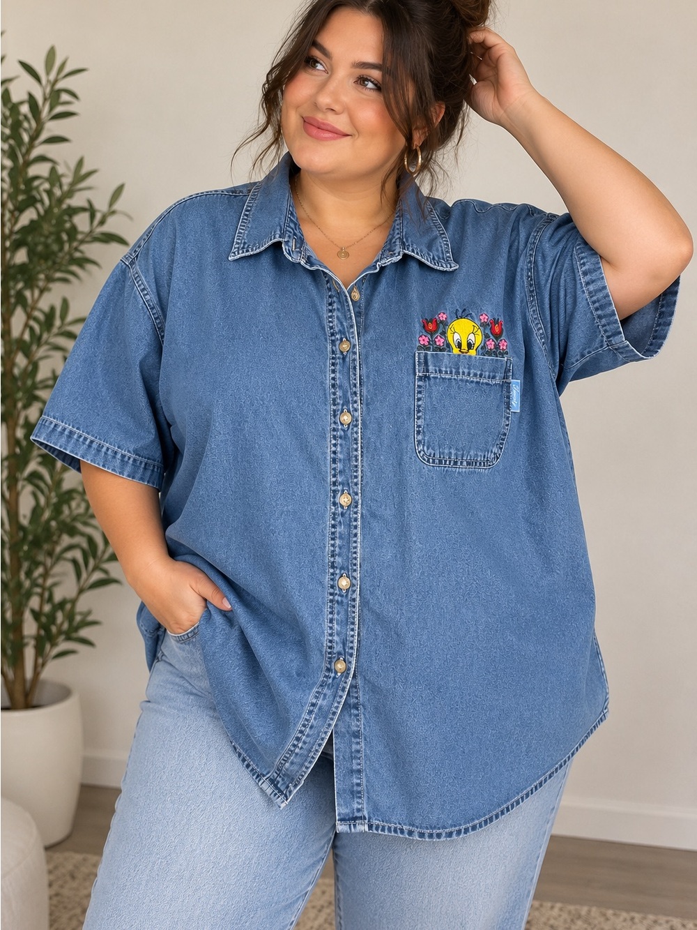 Vintage Y2K Looney Tunes Tweety Denim Shirt 26W/28W 3X 4X